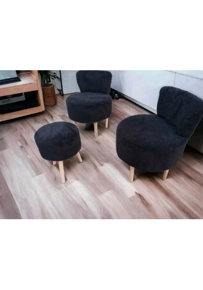 Çay Seti Ikili Koltuk Berjer Ve Puf Takımı Salon, Balkon, Ofis 3 Lü Takım Siyah