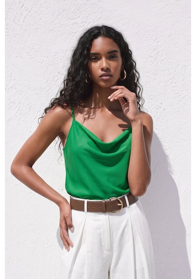 Sateen Askılı Degaje Yaka Bluz - Yeşil-137671