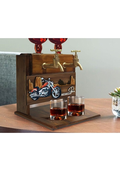 Bk Gift Kişiye Özel Kabartma Motorsiklet Tasarımlı İsimli Çift Musluklu Doğal Ahşap İçki Standı-3, İçki Standı, Doğum Günü Hediyesi, Ev Hediyesi Bitme