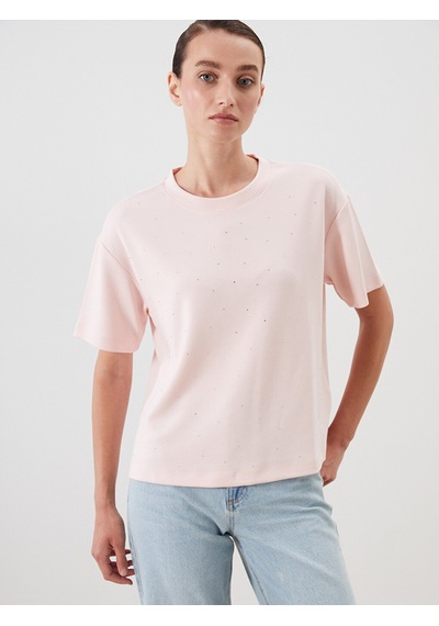 Lcw Comfort Pembe Taşlı Soft Touch Kadın Tişört