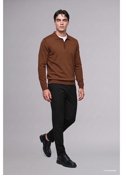 Defacto Standart Fit Düğmeli Polo Yaka Triko Basic Kazak H8972ax26aubn324 Kahve-bn324
