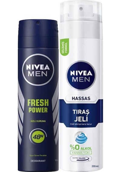 Nivea Fresh Power Erkek Deosprey 150 ML + Tıraş Jeli Hassas Ciltler Için 200 ML