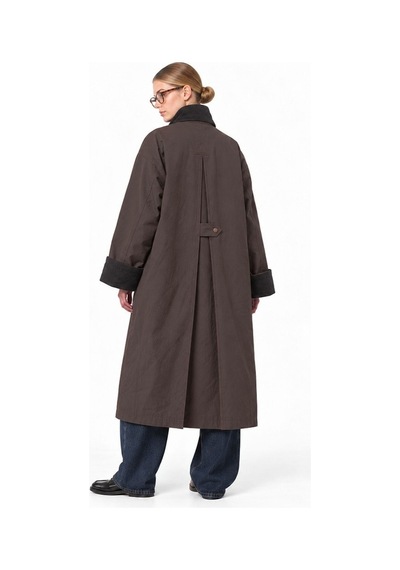 Hiccup Oversize Kadife Yakalı Ekose Astarlı Uzun Trençkot Kahverengi