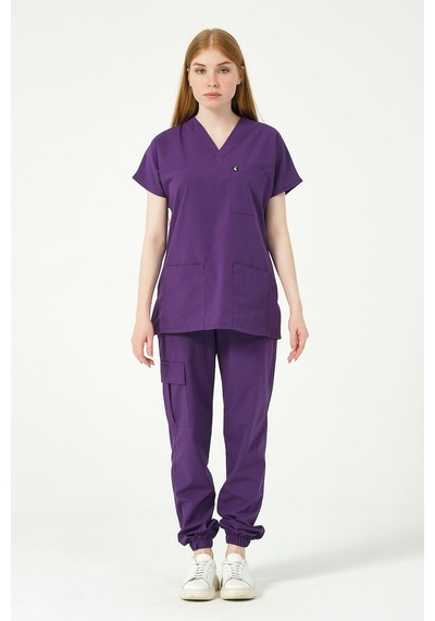 Mor Likralı Scrubs Kargo Cep Jogger Paça Doktor Hemşire Forması Yarasa Kol Takım Unisex