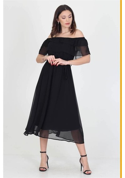 Neşeli Butik Kadın Yeni Sezon Madonna Yaka Bağlama Detaylı Şifon Elbise Ry8060 Siyah