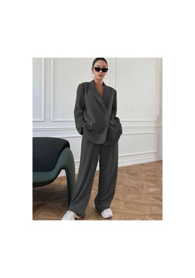 Mayrem Kadın Oversize Blazer Ceketli Rahat Gri Eşofman Takım Gümüş