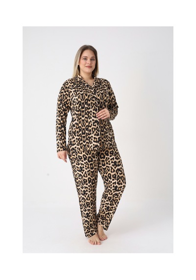 Estiva Kadın Kaplan Desenli Kahverengi Önden Düğmeli Soft Battal Pijama Takımı Çok renkli