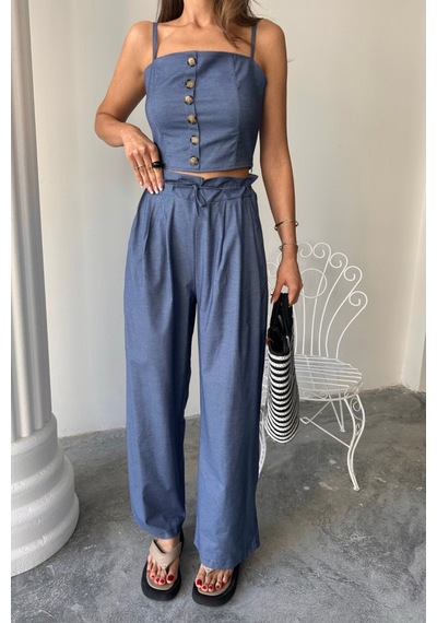 İkales Tencel Crop Askılı Bluz - Şalvar Pantolon Tk - İndigo