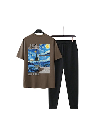 Uyguntarz Unisex Vangogh Baskılı Eşofman Takımı Kahverengi