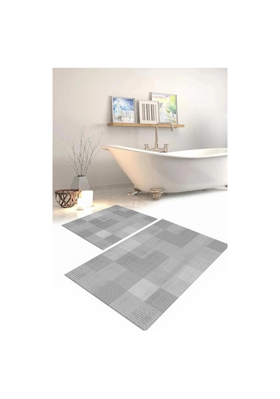 Buççin Online Mağaza Dijital Baskılı Yıkanabilir Kaymaz Taban Kilim Görünümlü Banyo Paspası Klozet Takımı Polyester Gri Çok Renkli