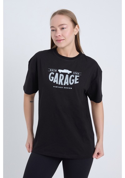 Kadın Oversize Baskılı T-shirt Siyah Garage 1967 SIYAH