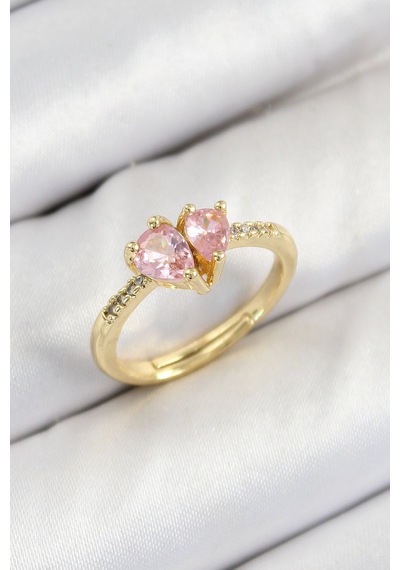 Pirinç Zirkon Taşlı Pembe Kalp Model Gold Renk Kadın Yüzük Diğer