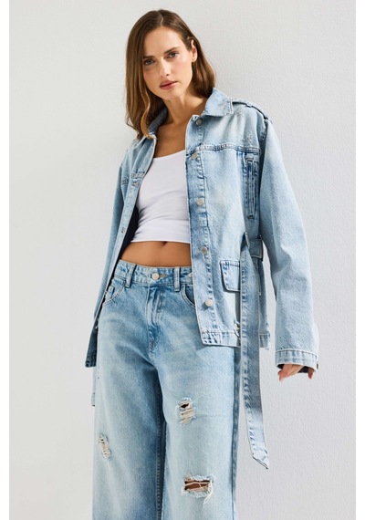 Kadın Ice 12s6-32 Oversize Kemer Detaylı Yırtık %100 Koton Denim Ceket Ice Rengi