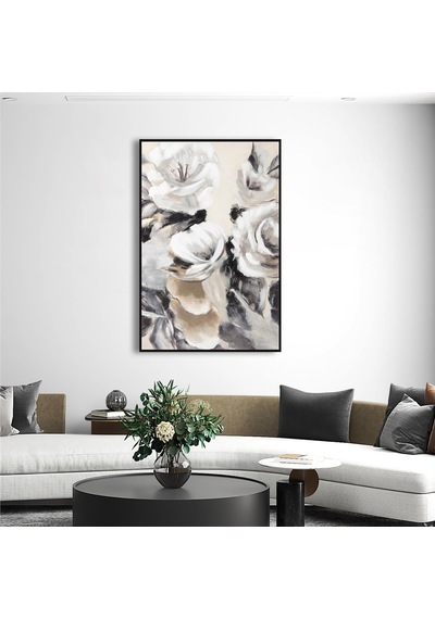 Yağlı Boya Dokulu Tablo Modern Beyaz Çiçekler Siyah Çerçeveli U02008-178863