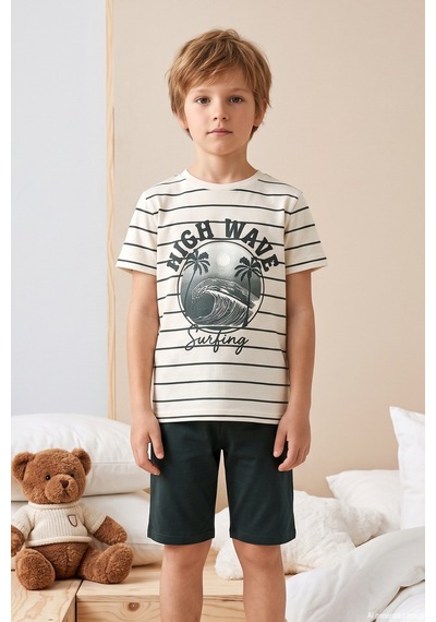 Remsa Erkek Çocuk Kısa Kol Şortlu Penye Pijama Takımı 4279 Haki Haki Yeşil