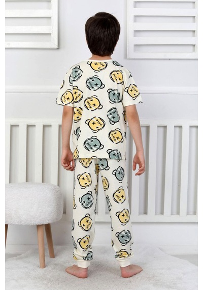Erkek Çocuk %100 Pamuk Baskılı Pijama Takımı Kısa Kollu, Sevimli Desenler Bej