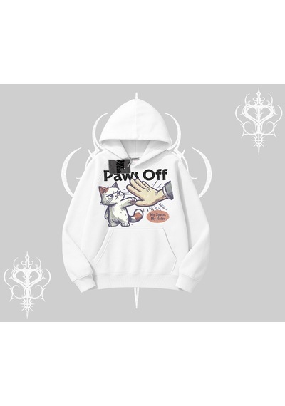 Startmore Paws Off Yazılı Kedi Baskılı Streetwear Kapşonlu Sweatshirt Beyaz