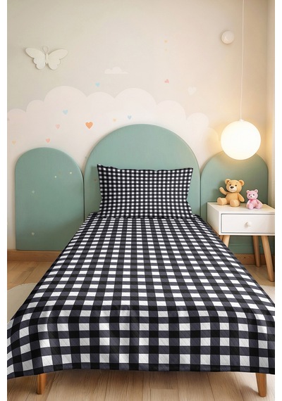 Siyah Ekose Modern Genç Odası Tek Kişilik Pike Takımı - Geometrik 160x220 Cm Kapitone Yatak Örtüsü Mercansı Çiy Kabuğu