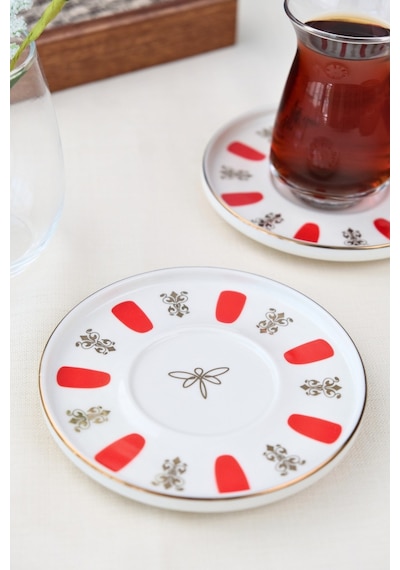 Tabak Evi Porselen Acem Zade Kırmızı Çay Tabağı 12,5cm 2 Li Çok Renkli
