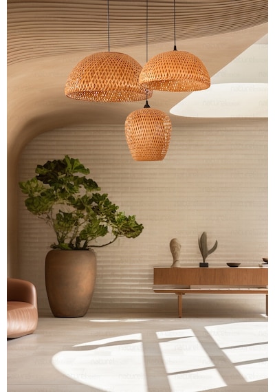 Bohem Bambu Boja Pendant 3'lü Set Sarkıt Avize Lamba - Iskandinav, Modern, Bohem, Rattan Aydınlatma Bej