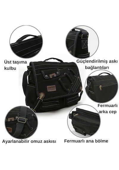 Cappadocia Vintage 4017 Siyah 14" Laptop Pamuk Gabardin Postacı Okul Çantası Unisex Kilitli Çok Cepli Omuz Askılı Siyah
