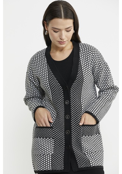Oversize Cepli Petek Motifli Triko Ceket - Siyah 001