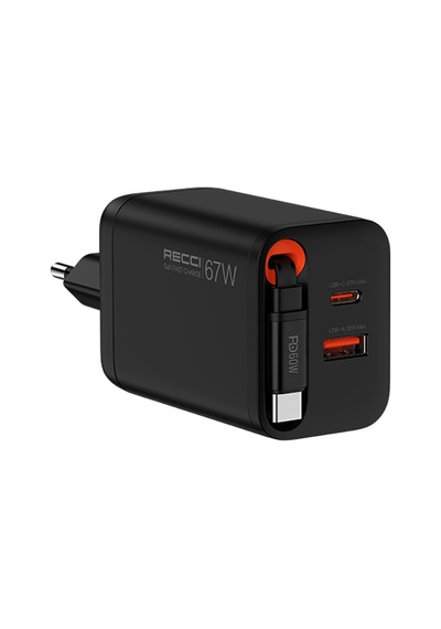 Recci Rc103e Gan Teknolojili Şarj Başlığı Usb-a To Type-c Pd 67w Type-c Kablolu Şarj Seti Siyah