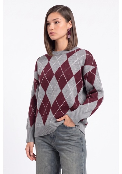 CEMO Argyle Desenli Bisiklet Yaka Triko Kazak Gri