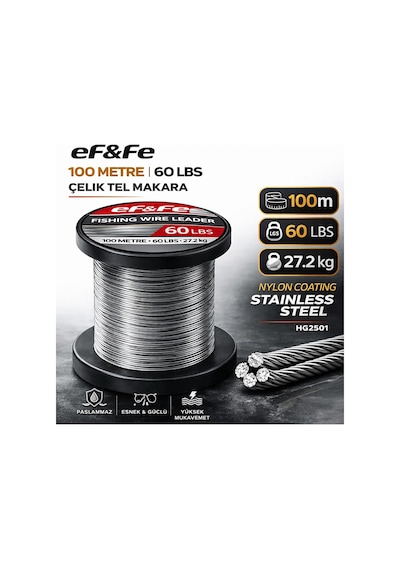 Effe Hg2501 Çelik Tel Makara 100m 60lbs 27.2kg Nylon Coating Stainless Steel 60 Lbs