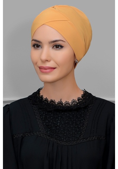 Hürrem Bone Hardal Pratik Hazır Geçmeli Tesettür Bone Sandy Kumaş Çapraz Büzg Hardal