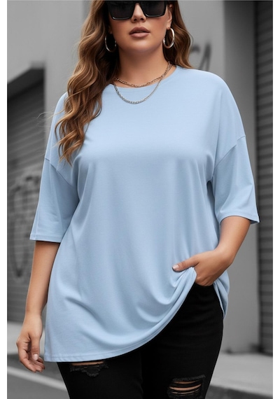 Mily Kadın Büyük Beden Battal Basic Bisiklet Yaka Pamuklu T-shirt Rahat Kesim Unisex Sevgili Kombini Turkuaz