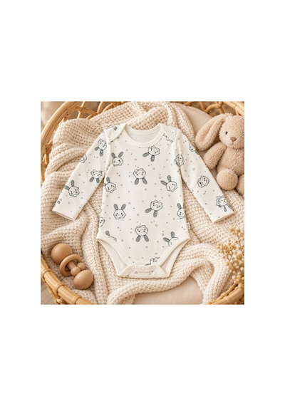 Cantaz Unisex Bebek Tavşan Desenli Uzun Kollu Çıtçıtlı Body Zıbın Krem