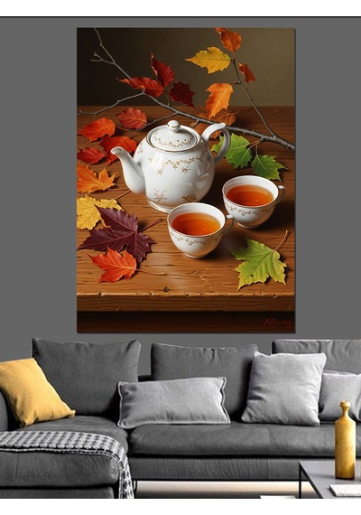 Ahşap Tablo Sonbahar Yaprakları Ve Çay
