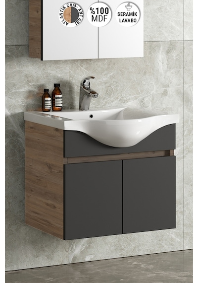 Yıldız 55 Cm Atlantik Çam-Antrasit Gri Mat Mdf Seramik Lavabolu A Antrasit - Atlantik Çam