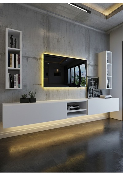 Resital Ledli Duvara Monte Tv Sehpası - Beyaz - W6002-1 Beyaz