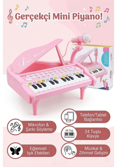 Pembe Mikrofonlu 24 Tuşlu Çocuk Piyanosu - Telefon Bağlantılı Eğitici Işıklı Org Müzik Seti