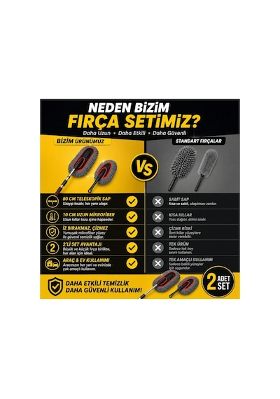 Teleskopik Saplı 2 Adet Mikrofiber Temizlik Fırça Seti İz Bırakmaz Çizmez Toz Alma Aparatı Araba Yık