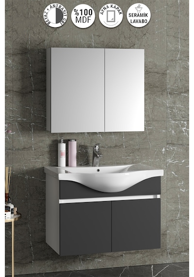 Yıldız 80 Cm Beyaz-antrasit Gri Mdf Asma Banyo Dolabı Takımı Beyaz - Antrasit