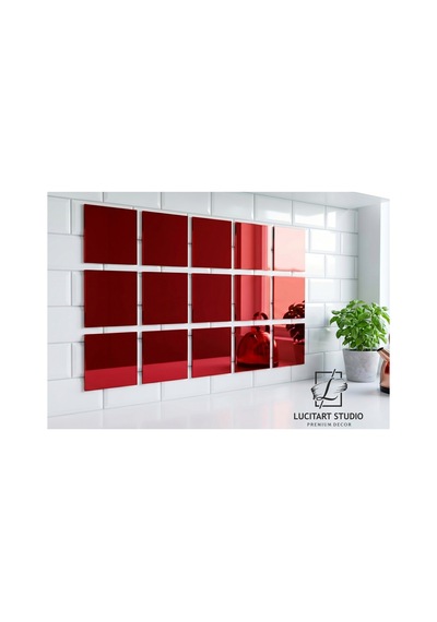 Dekoratif Kare Pleksi Ayna Görünümlü 1mm Kırmızı Red Renk Kendinden Yapışkanlı 12 Adet Kırmızı Kırmızı