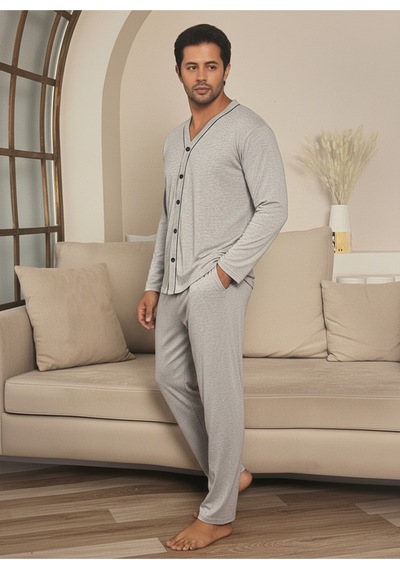Erkek Önden Düğmeli Uzun Kollu Pijama Takım A.gri