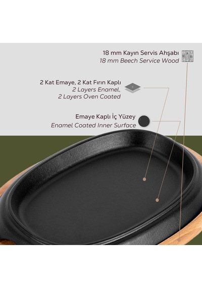 Lava Döküm Oval Fajita Tabağı Kayın Servis Ahşabı Ölçü 26x19cm Genel