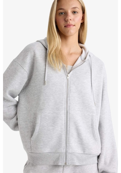 DeFacto -  Relax Fit Kapüşonlu Basıc Kalın Fermuarlı Sweatshirt C1809AX26SP Gri