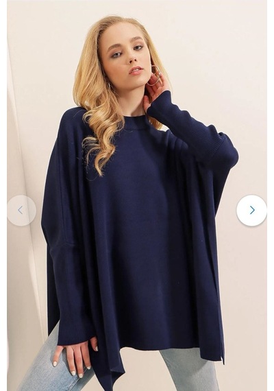 Onno Style Women Düz Triko Standart Panço Lacivert
