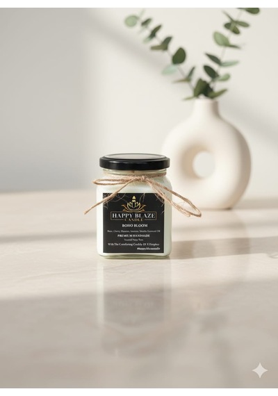 Boho Bloom Gül & Yasemin Kokulu El Yapımı Soya Mumu Happy Blaze Candle Beyaz