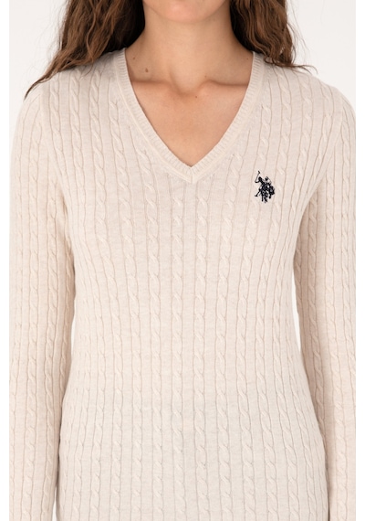 U.S. Polo Assn. Kadın Krem Melanj V Yaka Basic Kazak 50313625-VR159