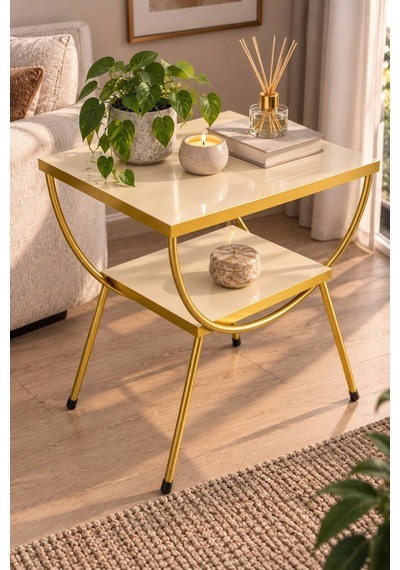 Sulorahome Gold Metal Yan Sehpa Krem Komodin Krem - Altın