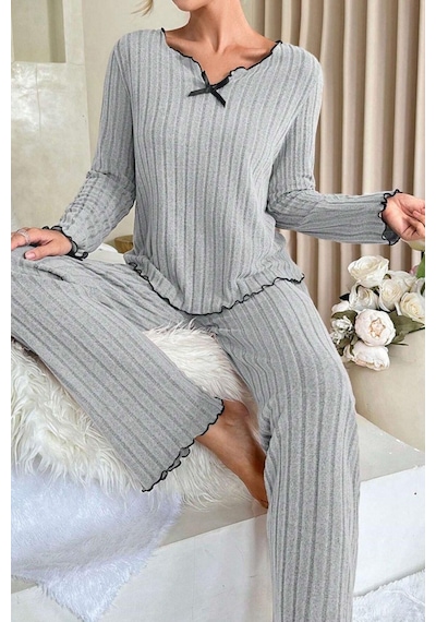 Moda Dua Kadın Gri Çizgili Uzun Kollu Fiyonk Detaylı Pijama Takımı Rahat Mevsimlik