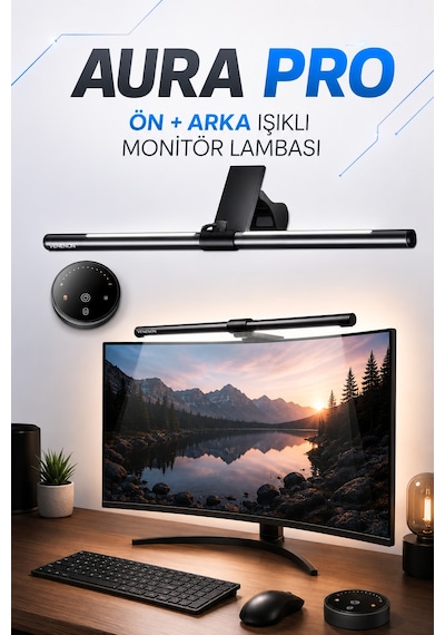Aura-pro Monitör Lambası Ön-arka Işık Kumandalı Kademeli Parlaklık Renk Ayarlı Masa Pc Ekran Işığı Siyah