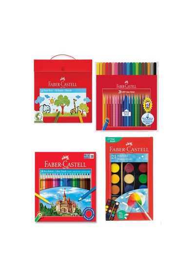Faber Castell Dörtlü Okul Boyama Seti 24 Renk Kuru Boya + 24 Renk Pastel Boya + 21 Renk Sulu Boya +20 Renk Grip Keçeli Kalem Çok Renkli