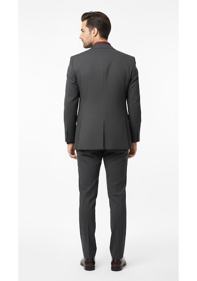 Plus Scorpion Erkek Kendinden Örmeli Çift Düğmeli Blazer Ceket Tek Yırtmaçlı, Modern Klasik Kesim Antrasit